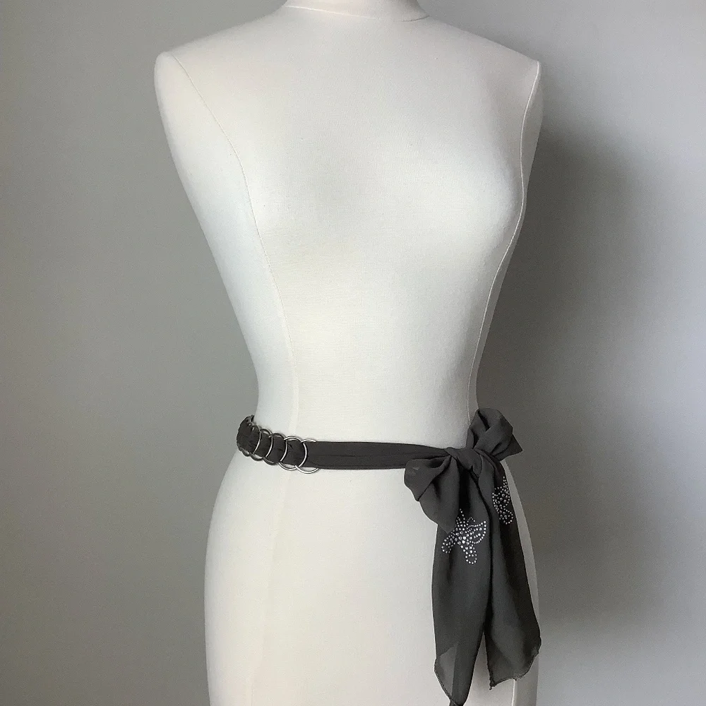 Vintage Y2K Chain‎ Metal Link Butterfly Embellished Fabric Belt